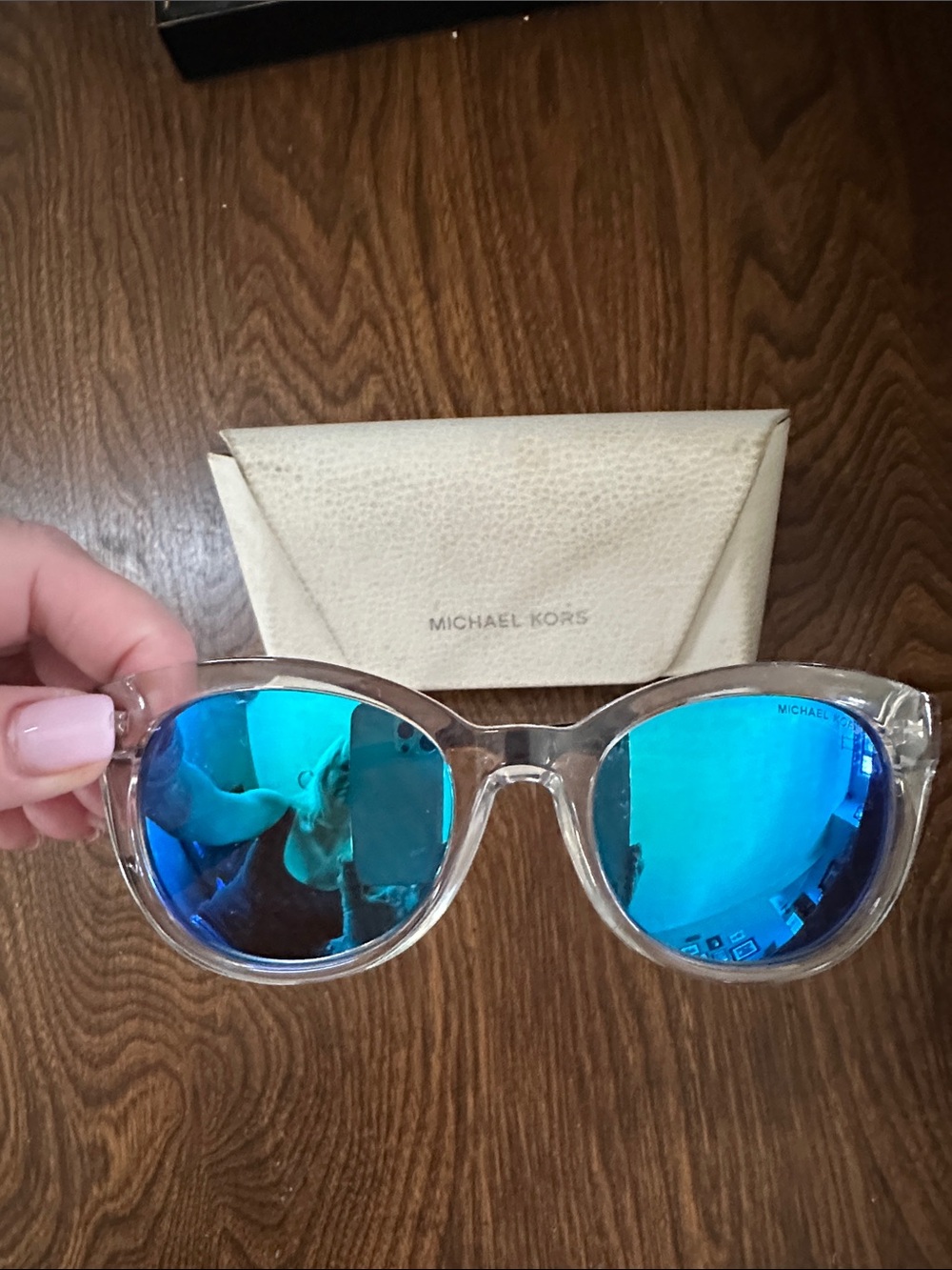 Michael Kors Clear Frame Sunglasses with Blue Mirrored Lenses